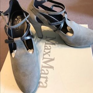 Max Mara grey suede stacked heel